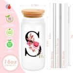 Personalized Gifts for Women, Monogrammed Frosted Glass Tumbler with Straw and Lid, Cute Customized Mug, Custom Initial Iced Coffee Glasses, Customizable Drinking Cup, Birthday Teacher Woman, R - Image 3