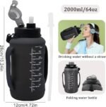 LELExilan 64oz Foldable Silicone Water Bottle with Straw, BPA-Free Motivational Time Marker, Leakproof Collapsible Water Jug with Handle for Gym, Sports, Camping & Outdoor Activities (Black) - Image 4