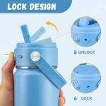COKTIK 2 Pack Kids Water Bottle with Straw, 14oz Insulated Stainless Steel Tumbler, Leak-Proof Locking Lid for School, Lunchbox, Outdoor Sports, Case with Shoulder Strap(2 Pack, Blue+Mint Green) - Image 5