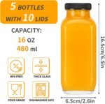 CUCUMI 5pcs 16oz Glass Juice Bottles with Lids, Reusable Juice Containers Drinking Jars Water Cups with Brush, Glass Straws, Lids with Hole - Image 3