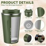 MOMSIV 12oz Travel Mug, Insulated Coffee Cup with Leakproof Lid, Vacuum Stainless Steel Double Walled Reusable Tumbler for Hot and Cold Water Coffee and Tea In Travel and Car Armygreen - Image 4