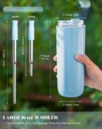 UIRZOTN 16 oz Insulated Coffee Tumblers, Travel Coffee Tumblers with Straw, Double-Wall Stainless Steel Tumbler, Leak Proof Tumbler, Reusable Cups with Lids for lced and Hot Drinks (Blue) - Image 8