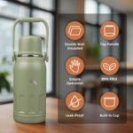 Insulated Water Bottle with Handle and Strap,Vacuum Travel Tumbler with Cup Lid,Thermo Coffee Cup for Hot Cold Drinks 27 OZ,Army Green - Image 4