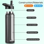 DOMICARE Insulated Water Bottle, 22 oz Vacuum Insulated Stainless Steel Reusable Sports Bottle with Straw Lid & Spout Lid for Travel, Camping, Bike, Leakproof, Black, 8 Pack - Image 3