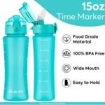 OLDLEY Kids Water Bottle with Straw for School Girls Boys, 15 oz Unbreakable Leak-Proof BPA-Free Motivational Water Bottles with Times to Drink for Travel Sports Gym, 1 Straw Lid, Mint - Image 5