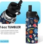 Sports Gifts for Men & Women - 16oz Water Bottle with Straw Lid, Stainless Steel Insulated Bottle, Leakproof, BPA-Free, for Boys Girls, School, Travel - Sport Balls Lovers Kids Birthday Gift Cup (1pc) - Image 4