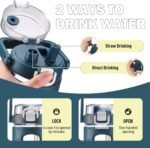 BLUEGO 32oz Glass Water Bottle with Handle and Straw|Leakproof Sports Glass Bottle with Time Marker and Silicone Sleeve|Glass Drinking Bottle for Travel, Gym, Workout, Dark Blue - Image 3