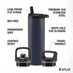 ZULU Base 24oz Stainless Steel Water Bottle with 3 Lids- Straw, Chug, Twist | Double Walled and Vacuum Insulated Metal Thermos | Fits Car Cupholder, Built in Carry Loop, Dishwasher Safe, Navy - Image 4