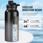 Fijinhom 32 oz Insulated Water Bottle with Handle, 304 Stainless Steel Water Bottles with Wide Mouth, Double Wall Vacuum Sports Water Bottle, BPA Free, Keep Cold and Hot, Black/Gray - Image 4