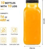 Kucoele 16oz Glass Juice Bottles with Lids, 10 Pack Reusable Smoothie Cups Water Bottles Drinking Jars with Glass Straws, Brush, Lids with Hole - Image 3