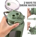 BLUEGO 84oz Glass Water Bottles with Sturdy Stainless Steel Handle, Large Water Bottle with Straw Sip & Chug Lid, 2.5L Water Jug Silicone Sleeve with Time, Daily Travel Sports, Olive - Image 3