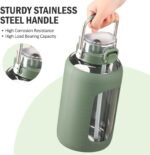 BLUEGO 84oz Glass Water Bottles with Sturdy Stainless Steel Handle, Large Water Bottle with Straw Sip & Chug Lid, 2.5L Water Jug Silicone Sleeve with Time, Daily Travel Sports, Olive - Image 4