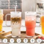 INSETLAN 26oz Ribbed Glass Tumbler with Handle & Lid – 2-Pack Large Iced Coffee Cups with Straws, Modern Glass Mug for Cold & Hot Beverages, Aesthetic Travel Cup for Smoothies, Tea, and Juice - Image 4