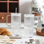 INSETLAN 26oz Ribbed Glass Tumbler with Handle & Lid – 2-Pack Large Iced Coffee Cups with Straws, Modern Glass Mug for Cold & Hot Beverages, Aesthetic Travel Cup for Smoothies, Tea, and Juice - Image 7