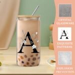 fcaylo Monogrammed Initial Glass Cup with Lids and Straws, Personalized Gift Set with Doll, 16 Oz Ice Coffee Cup for Women, Birthday Christmas Mothers Day Gift for Her, A - Image 4