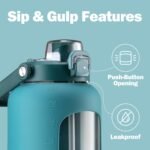 72oz Glass Water Bottle with 2-IN-1 Straw &Chug Lid, Large Motivational Glass Bottle with Capacity Marker and Silicone Sleeve, 2.1Liter Gallon Water Jug for Home, Sports, Gym, BPA Free-Green - Image 3