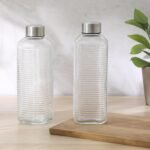 Gibson Home Aspen Heights 2 Pack 33 OZ (1 Liters) Large Embossed Reusable Glass Bottles w/Airtight Leakproof Stainless Steel Lid, Pitcher for Water, Milk, Juice - Dishwasher Safe - Image 4