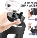 BLUEGO 84oz Glass Water Bottles with Sturdy Stainless Steel Handle, Large Water Bottle with Straw Sip & Chug Lid, 2.5L Water Jug Silicone Sleeve with Time, Daily Travel Sports, Black - Image 3