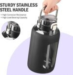 BLUEGO 84oz Glass Water Bottles with Sturdy Stainless Steel Handle, Large Water Bottle with Straw Sip & Chug Lid, 2.5L Water Jug Silicone Sleeve with Time, Daily Travel Sports, Black - Image 5