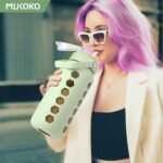 MUKOKO Glass Water Bottle 64oz with 2 Lids, Half Gallon Drinking Bottle with Straws and Measurements, 2L Sports Hydrate Jug with Silicone Sleeve, Leakproof, Green - Image 5