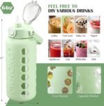 MUKOKO Glass Water Bottle 64oz with 2 Lids, Half Gallon Drinking Bottle with Straws and Measurements, 2L Sports Hydrate Jug with Silicone Sleeve, Leakproof, Green - Image 6