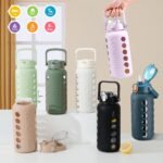 MUKOKO Glass Water Bottle 64oz with 2 Lids, Half Gallon Drinking Bottle with Straws and Measurements, 2L Sports Hydrate Jug with Silicone Sleeve, Leakproof, Green - Image 7