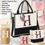 AiHeart Birthday Gift for Women,Initial Canvas Tote Bag,Personalized Gifts for Women,16oz Glass Cup With Straw,Beach Bag,Jewelry Storage Box,Monogrammed Gifts for Woman Mom Sister Bestie-H - Image 3