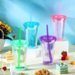 Nuogo 4 Pieces Insulated Double Wall Plastic Tumbler with Lids and Straws Reusable Transparent Plastic Cup 16 oz Tumbler Bulk for Coffee Drinks Milk Tea Juice, Pink, Blue, Green, Purple - Image 5