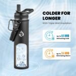 RAYMYLO Insulated Water Bottle 24oz, Triple Wall Vacuum Stainless Steel (Cold for 48 Hrs, Hot for 24Hrs), Leak Proof & Non-BPA, 24oz Hydro Water Flask with Paracord Handle & Straw Spout Lids - Image 3