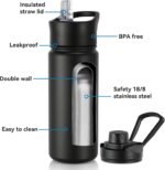 16 oz Insulated Water Bottle with Straw Lids, Stainless Steel Kids Water Bottles for School, Double Wall Vacuum Metal Water Bottle with Straw & Wide Mouth Lid, Black 1 Pack - Image 3