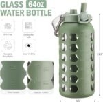 MUKOKO 64oz Glass Water Bottles with Straw and Lid,Half Gallon Water Bottle with Time Marker,Large Glass Water Jug with Silicone Sleeve and Stainless Steel Handle-Olive - Image 4