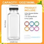 GUANENA 6 Pack Glass Drink Bottles, 12 OZ Vintage Square Water Bottles with Lids, Juice Bottles Beverages Containers for Milk, Kombucha, Smoothies - Image 3