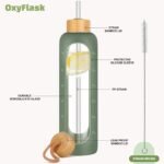 OxyFlask Glass Water Bottles 32 oz - Motivational Drinking Glass Water Bottle with Silicone Sleeve, Straw & 2 Bamboo Lids - 1 Liter Clear Borosilicate Daily Intake Tumbler with Time Marker - Olive - Image 3