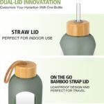 OxyFlask Glass Water Bottles 32 oz - Motivational Drinking Glass Water Bottle with Silicone Sleeve, Straw & 2 Bamboo Lids - 1 Liter Clear Borosilicate Daily Intake Tumbler with Time Marker - Olive - Image 4