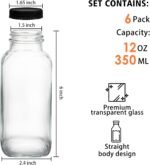 NAWORLI 6 Pack 12 oz Glass Juice Bottles, 350 ml Glass Square Water Bottles with Lids, Reusable Empty Drinking Jars with Labels and Brush for Juice, Smoothies, Kombucha - Image 3