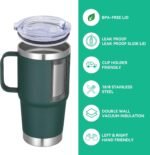 VEGOND 20 oz Tumbler with Handle Lid and Straw, Stainless Steel Insulated Travel Coffee Mug Spill Proof Double Wall Metal Tumbler Cup Keeps Drink Hot and Cold, Dark Green 1 Pack - Image 3