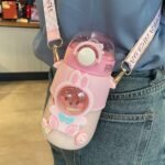 excvalues Kawaii Bear Water Bottle with Straw and Shoulder Strap, 25oz Cute Large Capacity Water Bottles with 3D Stickers for Girls, School(Pink) - Image 5