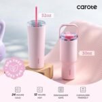 CAROTE 30 oz Insulated Water Bottle with Handle & 32 oz Travel Tumblers with Straw, Leakproof Dual Drink Ports Lid, Double-Wall Stainless Steel Vacuum Insulated for Sports, School (Pink) - Image 3
