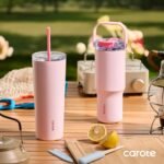 CAROTE 30 oz Insulated Water Bottle with Handle & 32 oz Travel Tumblers with Straw, Leakproof Dual Drink Ports Lid, Double-Wall Stainless Steel Vacuum Insulated for Sports, School (Pink) - Image 6