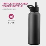 FineDine Triple Walled, Insulated Water Bottles with Straw - 40 Oz Stainless Steel Metal Bottle W/ 3 Leak Proof Lids - For Travel, School, Sports, Gym/Men, Women & Kids - Inky Raven Black - Image 3