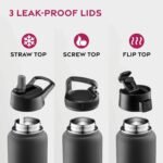 FineDine Triple Walled, Insulated Water Bottles with Straw - 40 Oz Stainless Steel Metal Bottle W/ 3 Leak Proof Lids - For Travel, School, Sports, Gym/Men, Women & Kids - Inky Raven Black - Image 5