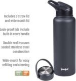 Goodful Double Wall Vacuum Sealed, Insulated Water Bottle with Two Interchangeable Lids, Sipping or Chugging Lids, Leak-Proof, Wide Mouth for Drinking and Cleaning, 40 Oz, Charcoal Gray - Image 3