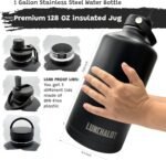 LUNCHALOT 1 Gallon Water Bottle - 128 Oz Insulated Stainless Steel Metal Water Bottle with Holder - Carrying Bag - Spout Handle - Straw Lids - Keep Cold & Hot - Black Tactical Flask - Image 4