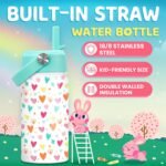 SANDJEST Kids Water Bottle with Straw Lid - Insulated 12 Oz Stainless Steel Water Bottles for Girls - Heart Water Bottle Travel Cup for School Sports - Image 3