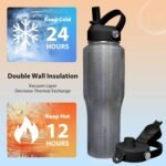 SENDESTAR 40oz Stainless Steel Water Bottle(Cold for 48 Hrs, Hot for 24 Hrs),Double Wall Vacuum Insulated Bottle with Straw Lid, Spout Lid and Flex Cap, Fit in Any Car Cup Holder,Laser Grey - Image 3