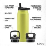 ZULU Base 40oz Stainless Steel Water Bottle with 3 Lids- Straw, Chug, Twist | Double Walled and Vacuum Insulated Metal Thermos | For Gym, Outdoor | Built in Carry Loop, Dishwasher Safe, Guac - Image 5