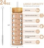 MUKOKO 24oz Glass Water Bottle with 2 Lids-Handle Flip Lid&Bamboo Straw Lid,Motivational Water Tumbler with Time Marker Reminder and Silicone Sleeve, Leakproof-Amber - Image 3