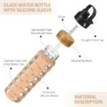 MUKOKO 24oz Glass Water Bottle with 2 Lids-Handle Flip Lid&Bamboo Straw Lid,Motivational Water Tumbler with Time Marker Reminder and Silicone Sleeve, Leakproof-Amber - Image 4