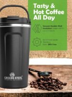 Reusable Coffee Cup with Lid and Handle - Stainless Steel Insulated Coffee Mug for Hot & Cold Drinks - Ideal Travel Mugs - 100% Leak-Proof Tumbler - 16 oz Black - Image 3