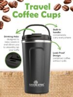 Reusable Coffee Cup with Lid and Handle - Stainless Steel Insulated Coffee Mug for Hot & Cold Drinks - Ideal Travel Mugs - 100% Leak-Proof Tumbler - 16 oz Black - Image 4
